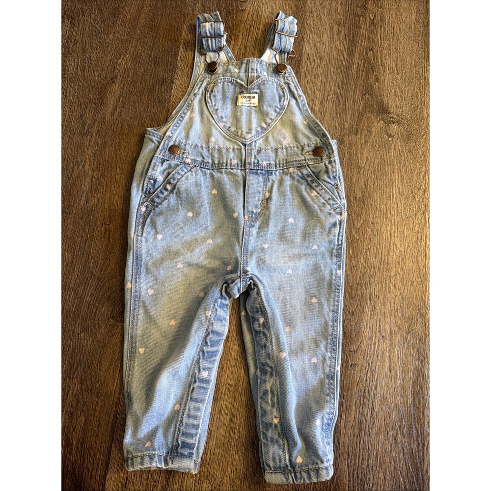 OshKosh B'gosh Overalls Toddler Girls 12m Blue Denim Heart Bib Snap Pockets